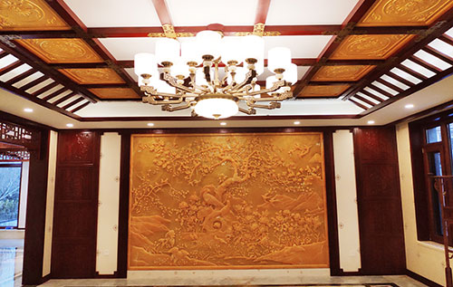 滨海中式别墅客厅中式木作横梁吊顶装饰展示